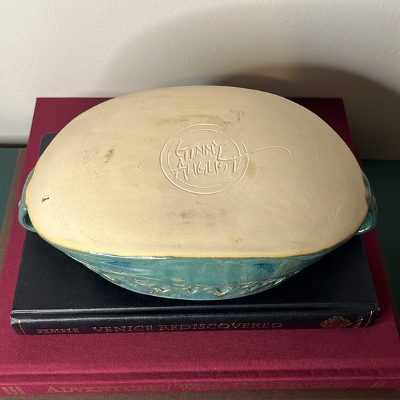 Handmade Studio Art Pottery Ginny August Light Sea Green Handled Boat Bowl - Picture 6 of 8